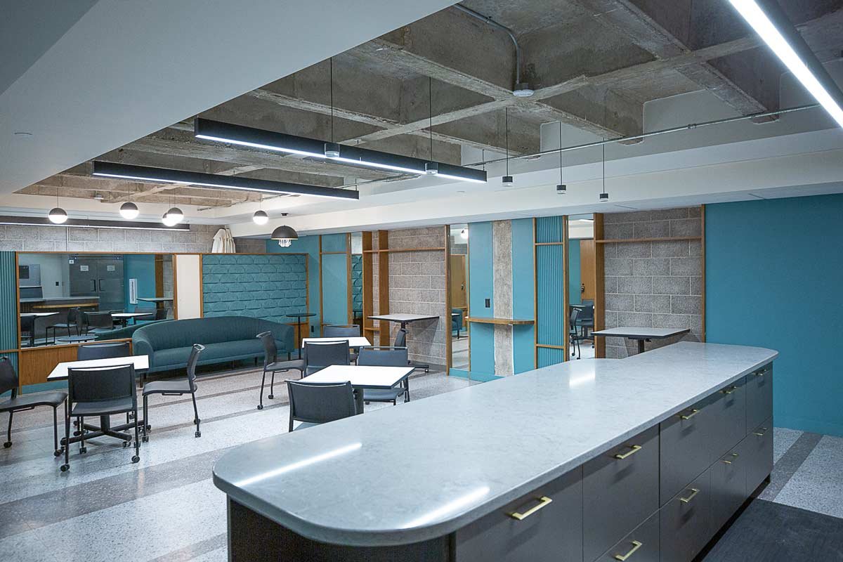 Blue lounge with tables and chairs