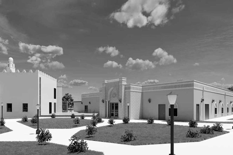 Black and white rendering of exterior of Anjuman School & Kitchen