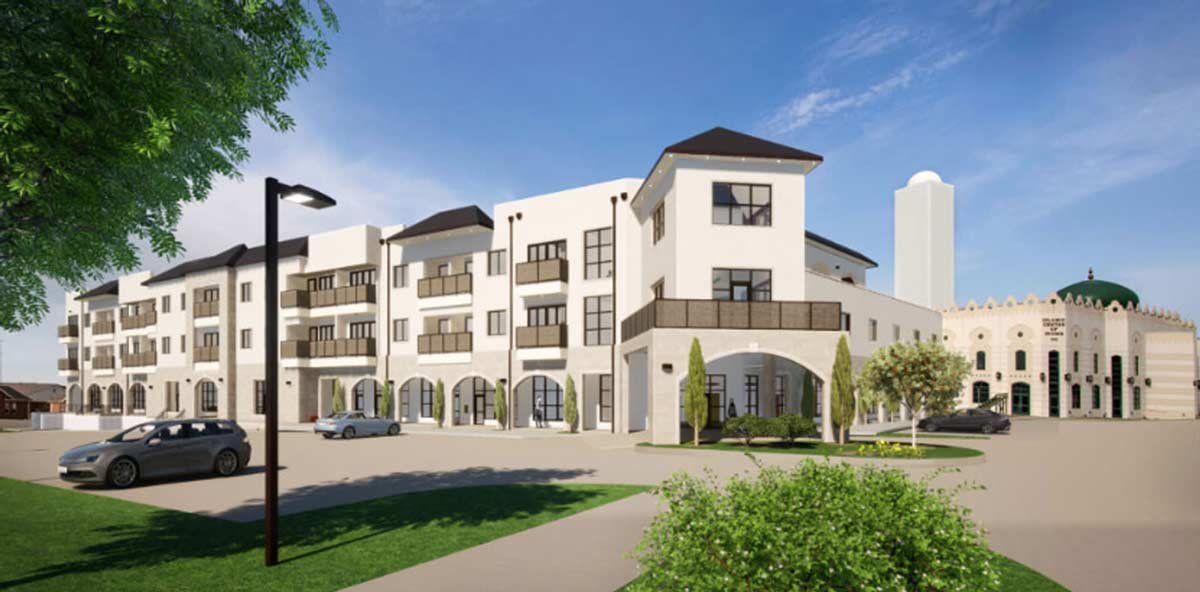 Rendering of completed building with trees and parking lot