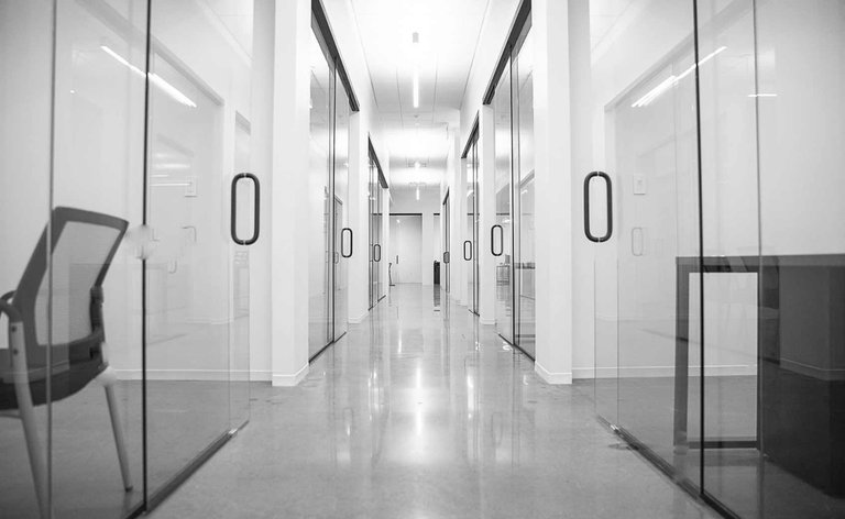 Instant Power office hallway in B/W