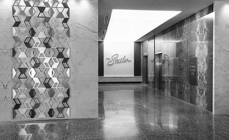 Statler lobby and elevator area in B/W