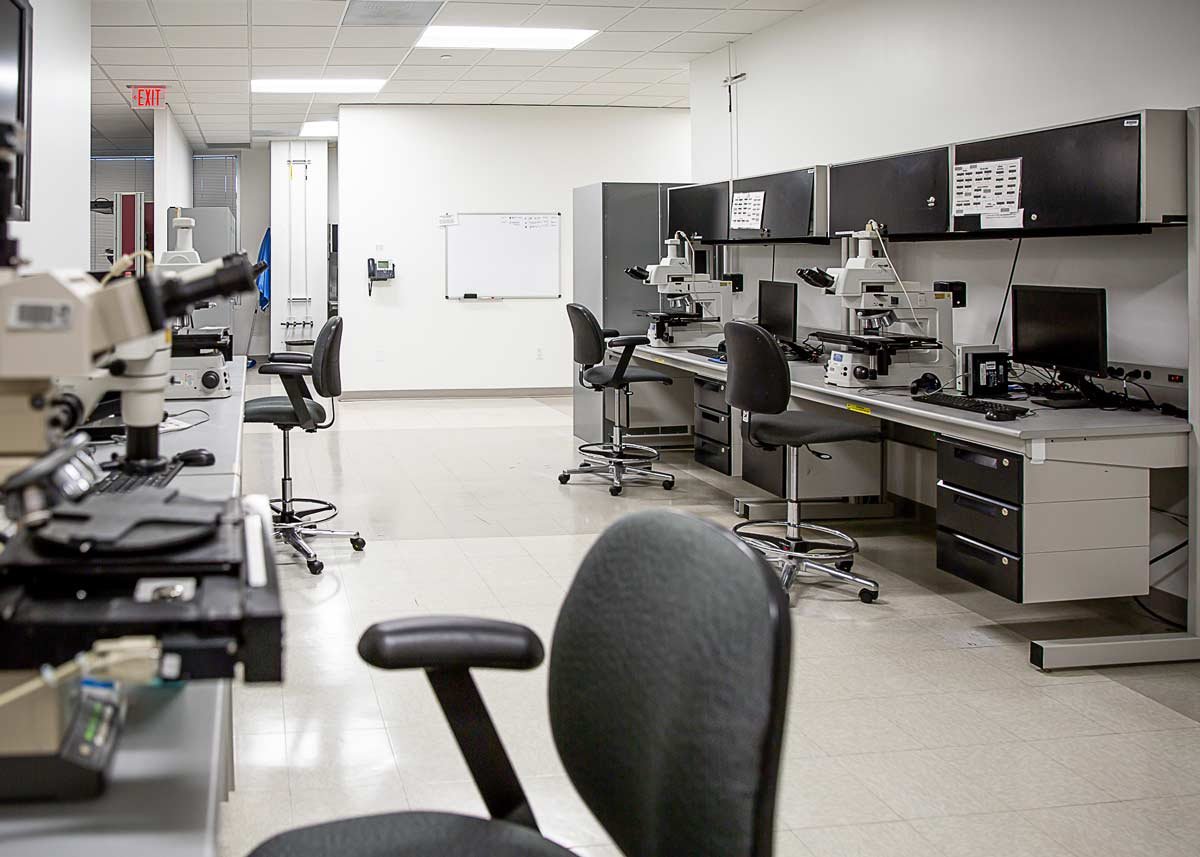 Lab stations with equipment in office